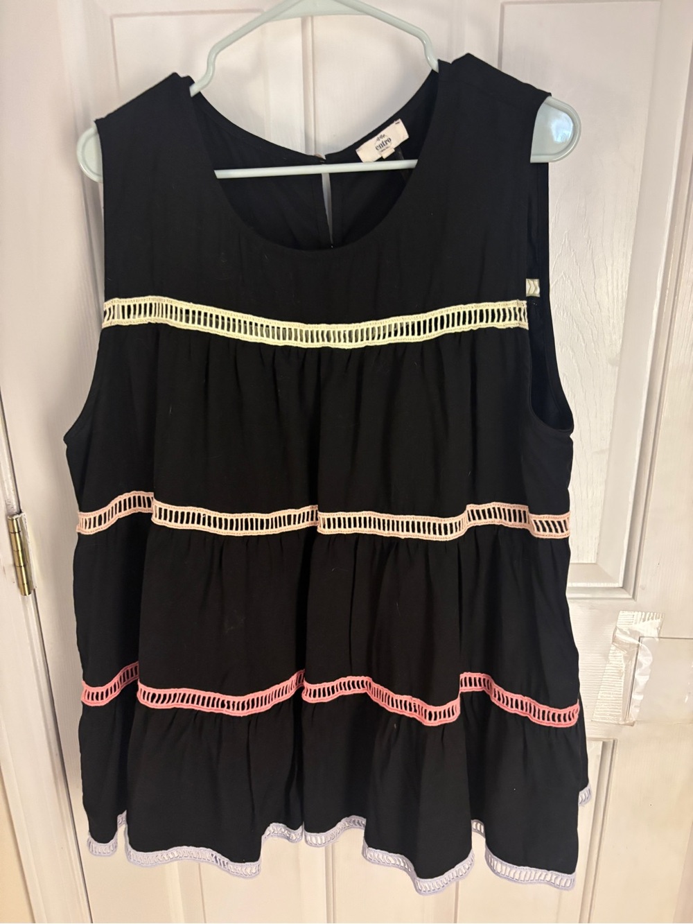 Sleeveless Black Tiered Tank with Pastel Trim